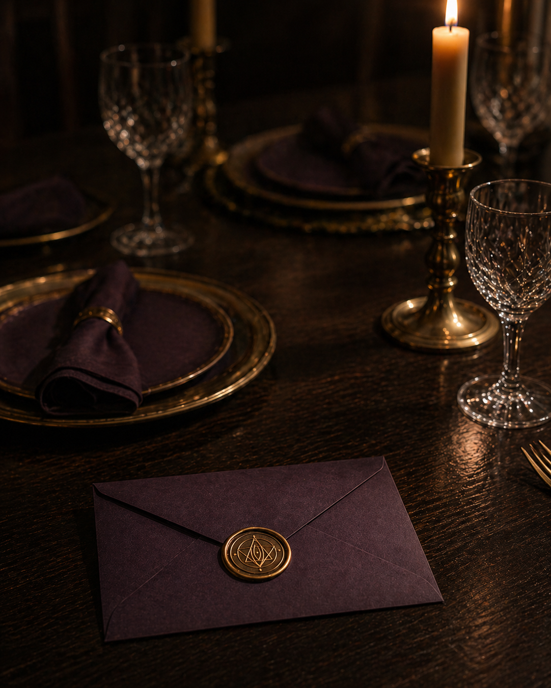An envelope with a wax seal resting on a dining table set for the gathering. The House of Clio.