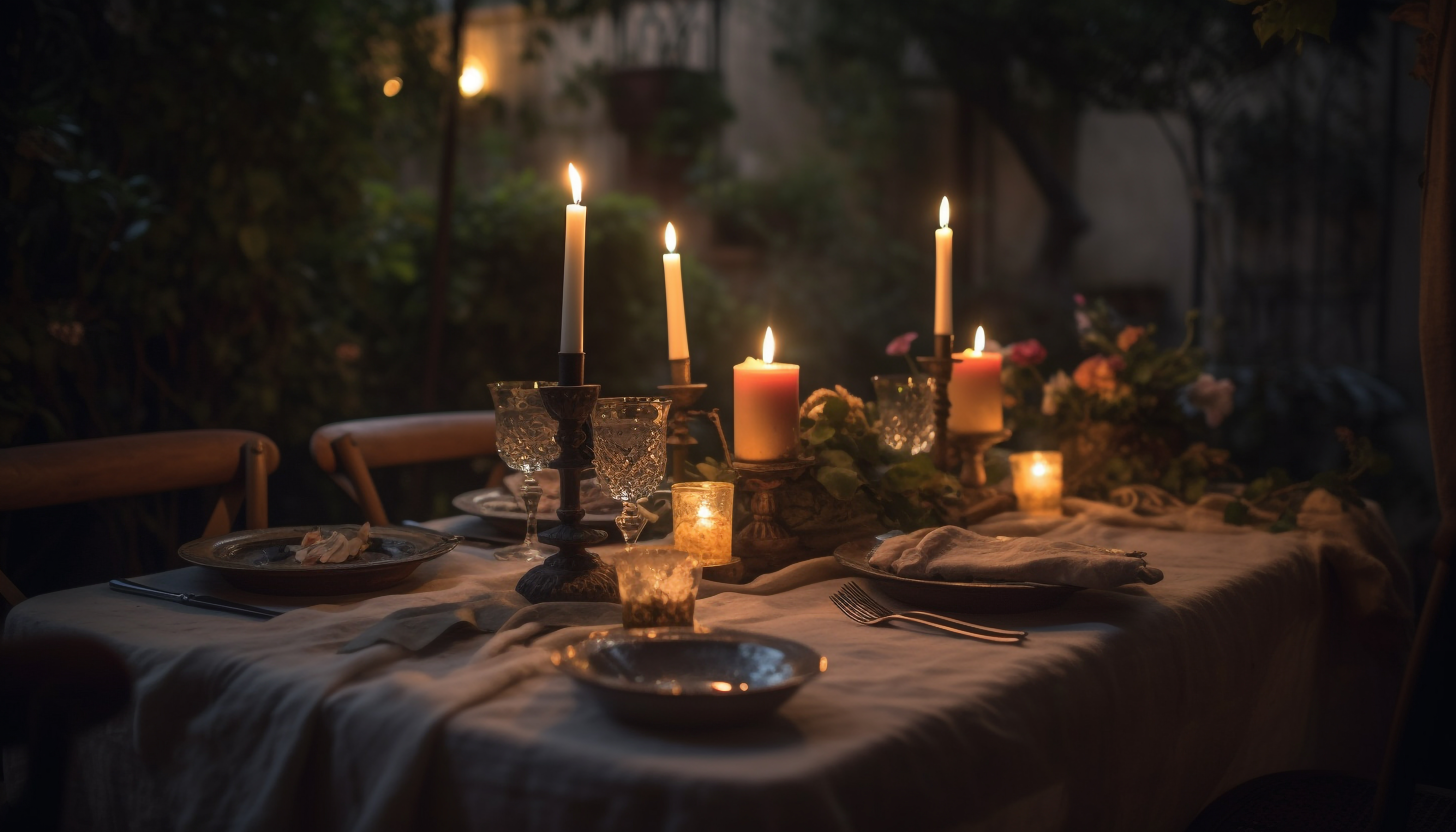 A composed room at The House of Clio. Long table set. Candles lit.
